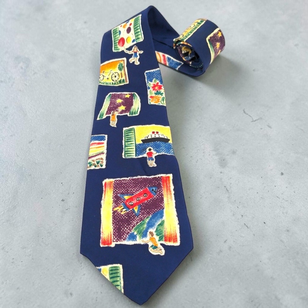 VTG Save the Children Silk Tie Nicole Windows of Imagination Rocket Ship Navy